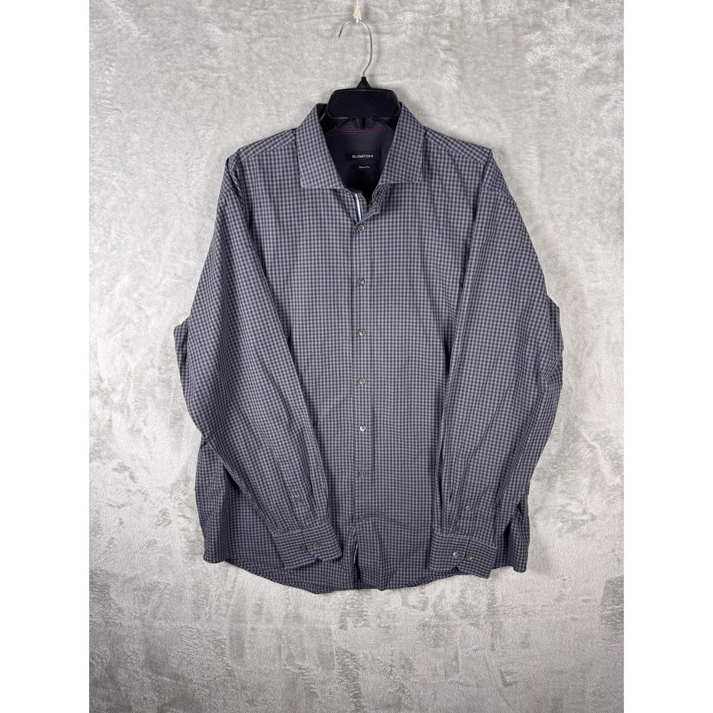 Bugatchi Shirt Mens XL 36/37 Gray Gingham Classic Fit Long‎ Sleeve Button Up